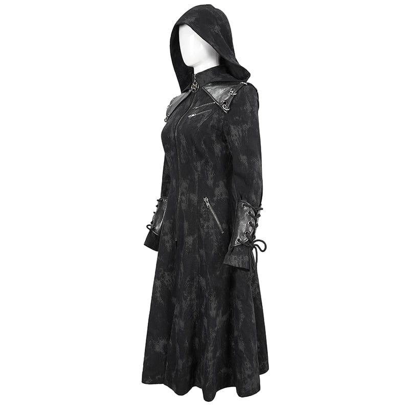 DEVIL FASHION Women's Gothic Faux Leather Splice Distressed Coat with Hood