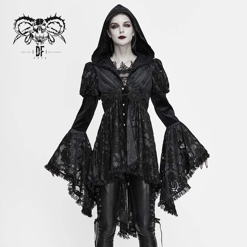 Women's Gothic Flare Sleeve Floral Mesh Jackets With Hood