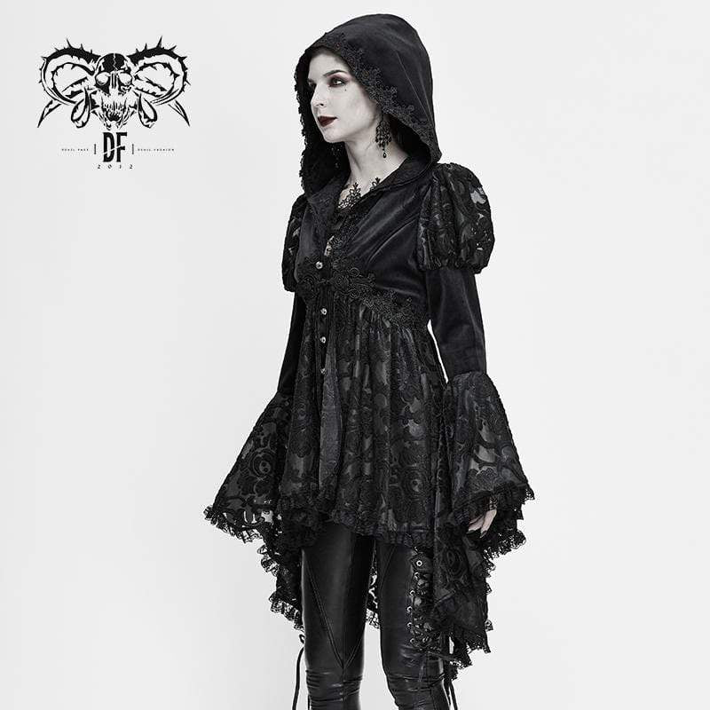 Women's Gothic Flare Sleeve Floral Mesh Jackets With Hood
