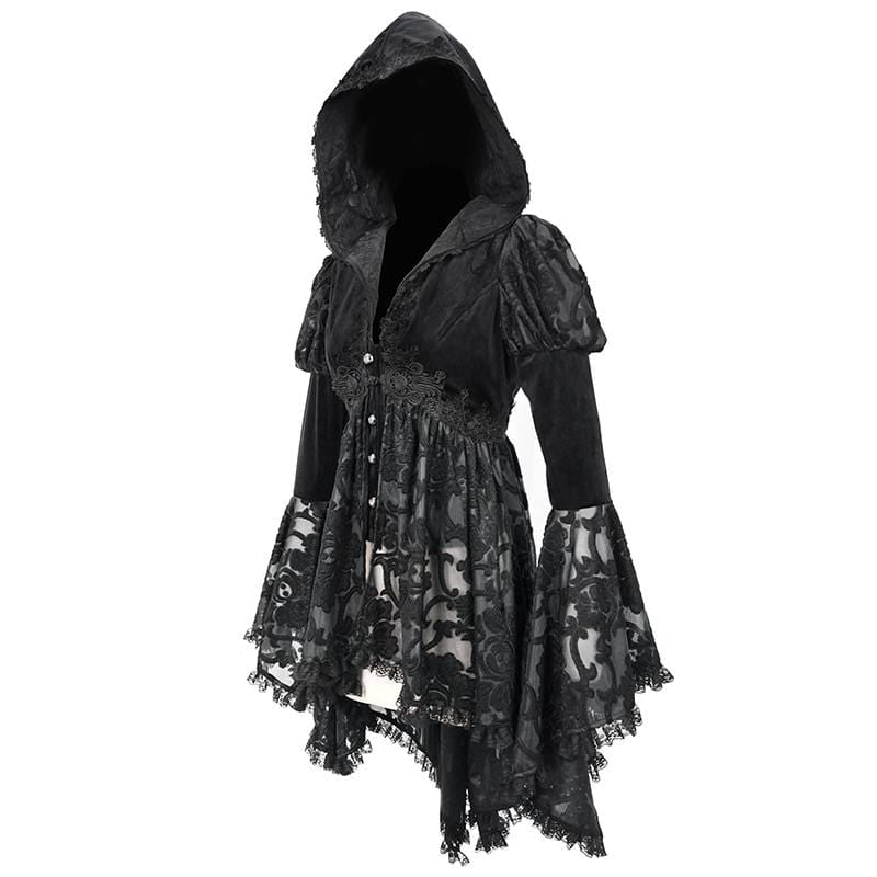 Women's Gothic Flare Sleeve Floral Mesh Jackets With Hood