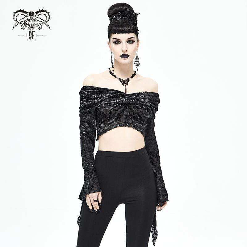 Women's Gothic Flare Sleeve Off Shoulder Black Crop Top