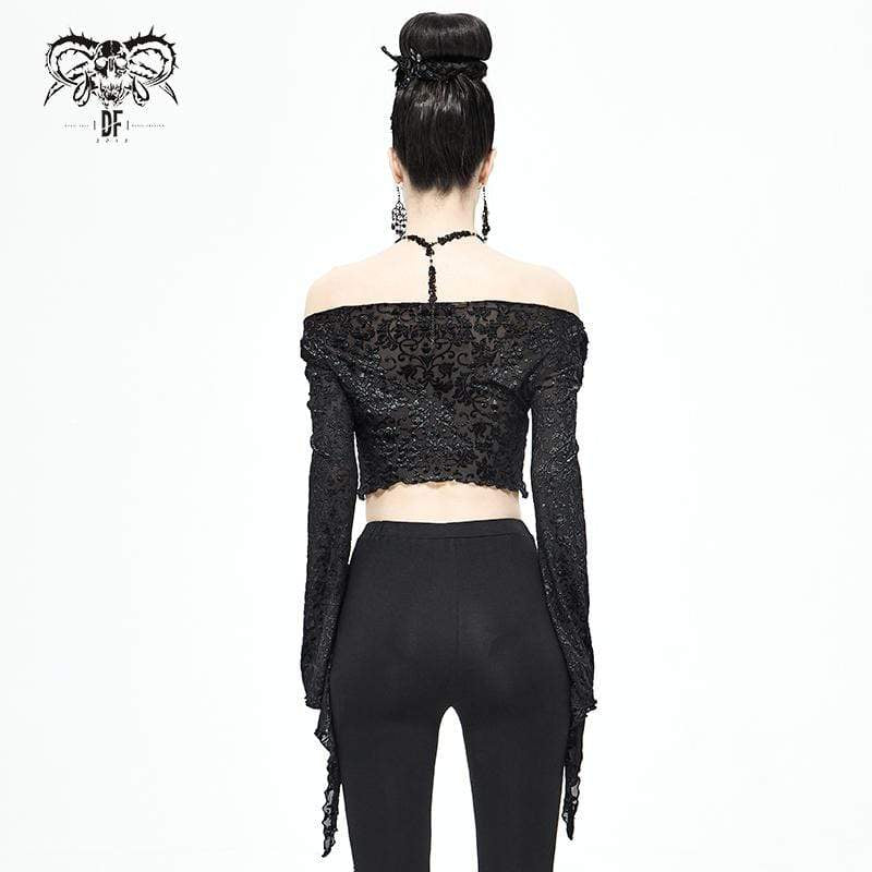 Women's Gothic Flare Sleeve Off Shoulder Black Crop Top