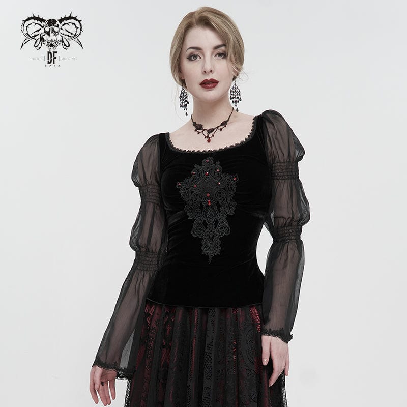 DEVIL FASHION Women's Gothic Flared Sleeved Floral Embroidered Shirt