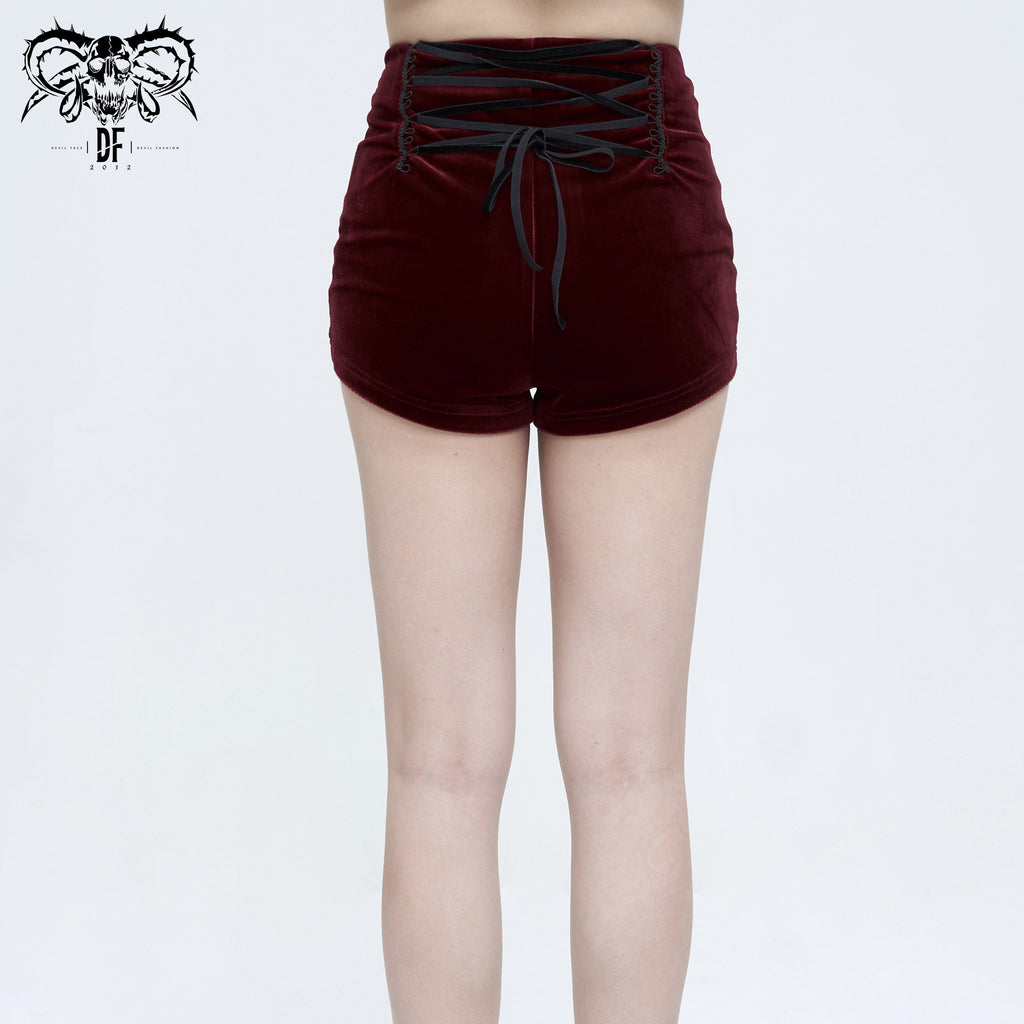 DEVIL FASHION Women's Gothic Floral Embroidered Chain Velvet Shorts Red