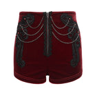 DEVIL FASHION Women's Gothic Floral Embroidered Chain Velvet Shorts Red
