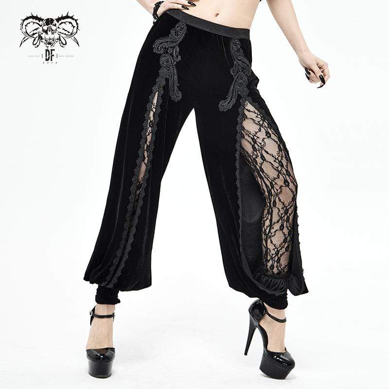Women's Gothic Floral Embroidered Furcal Black Pants