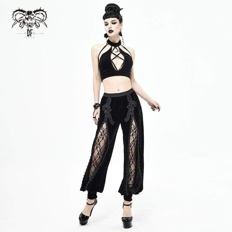 Women's Gothic Floral Embroidered Furcal Black Pants