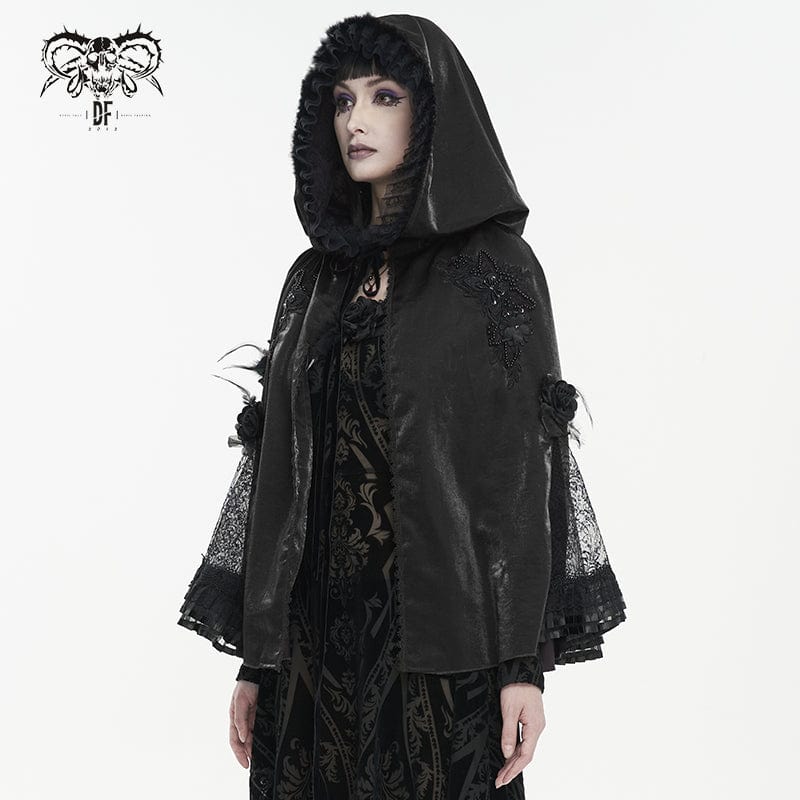 DEVIL FASHION Women's Gothic Floral Embroidered Ruffled Cloak Black