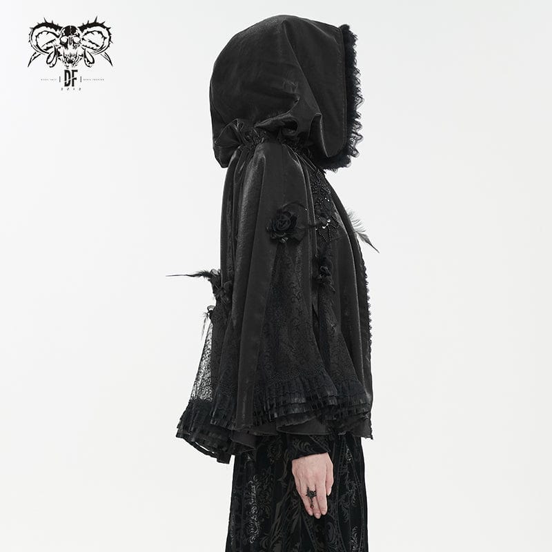 DEVIL FASHION Women's Gothic Floral Embroidered Ruffled Cloak Black