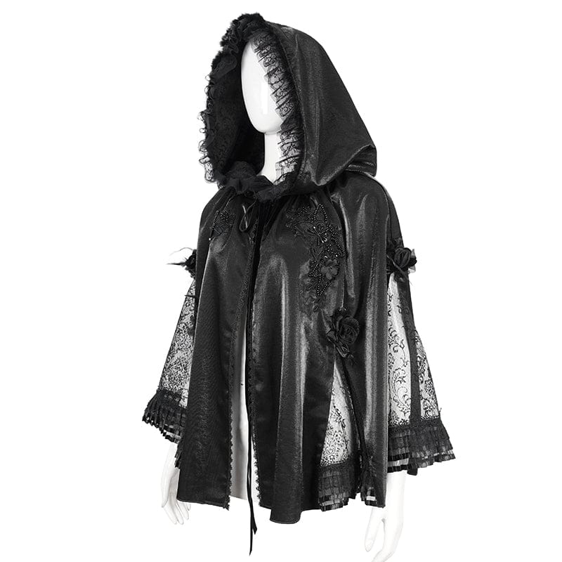 DEVIL FASHION Women's Gothic Floral Embroidered Ruffled Cloak Black