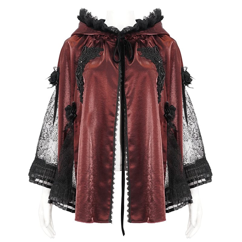 DEVIL FASHION Women's Gothic Floral Embroidered Ruffled Cloak Red