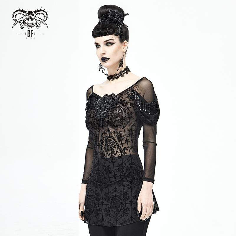 Women's Gothic Floral Embroidered Sheer Black Mesh Top