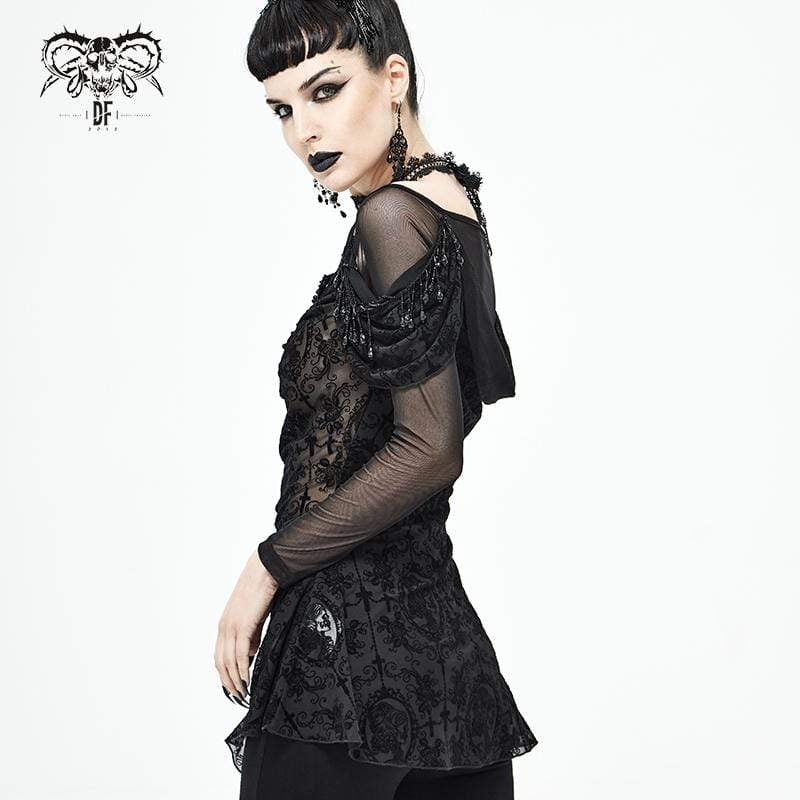 Women's Gothic Floral Embroidered Sheer Black Mesh Top