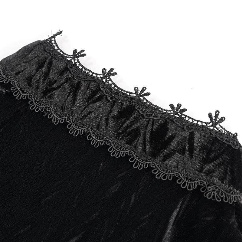 Women's Gothic Floral Embroidered Splice Black Velvet Top