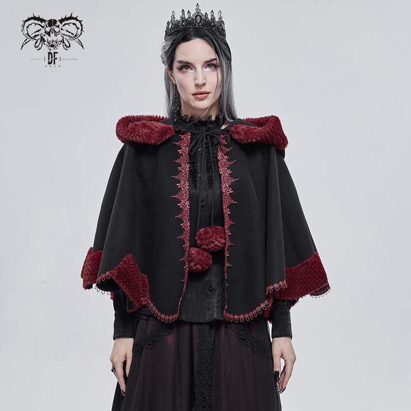 DEVIL FASHION Women's Gothic Floral Embroidered Splice Cape with Hood Black