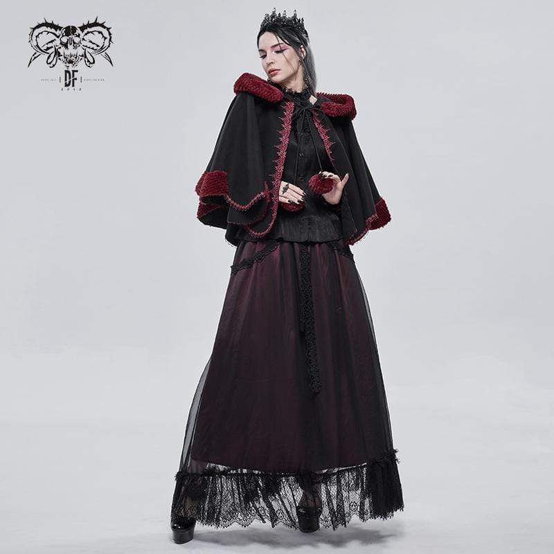DEVIL FASHION Women's Gothic Floral Embroidered Splice Cape with Hood Black