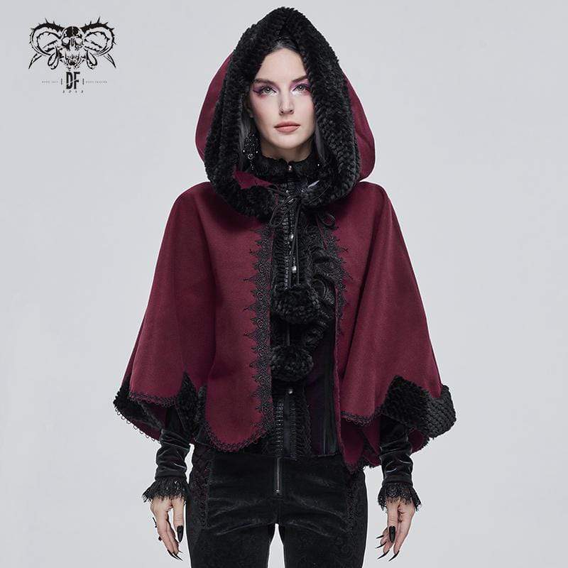 DEVIL FASHION Women's Gothic Floral Embroidered Splice Cape with Hood Red