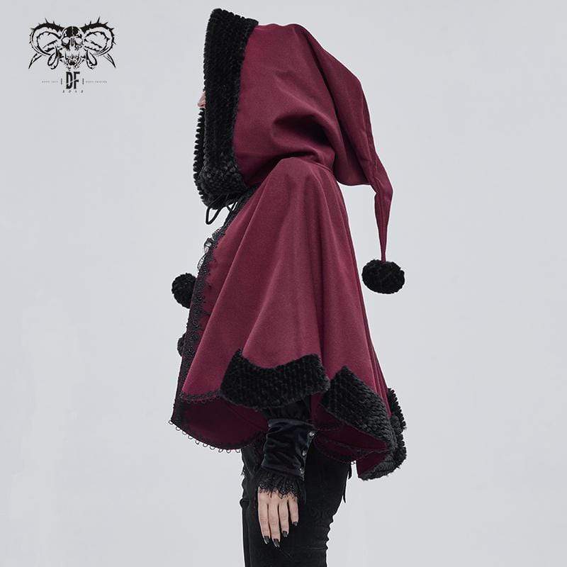 DEVIL FASHION Women's Gothic Floral Embroidered Splice Cape with Hood Red