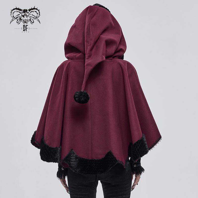 DEVIL FASHION Women's Gothic Floral Embroidered Splice Cape with Hood Red