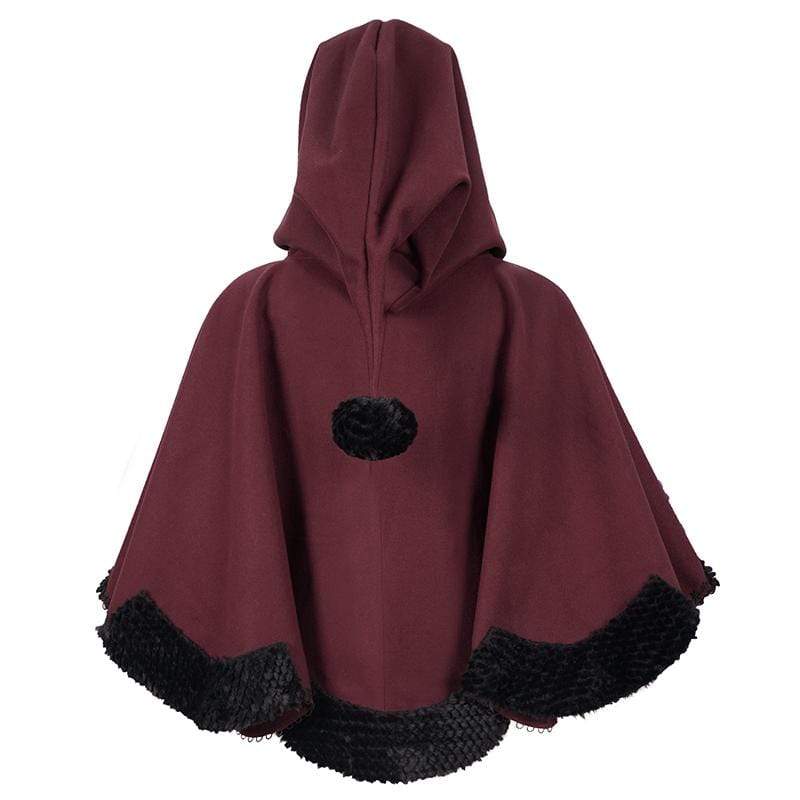 DEVIL FASHION Women's Gothic Floral Embroidered Splice Cape with Hood Red