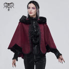 DEVIL FASHION Women's Gothic Floral Embroidered Splice Cape with Hood Red