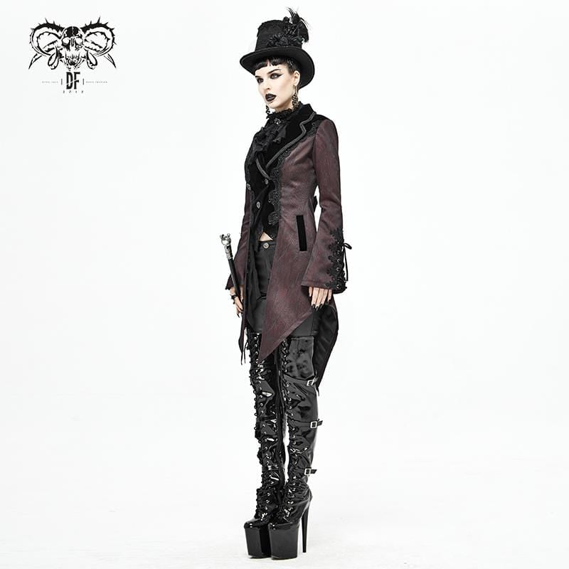 Women's Gothic Floral Jacquard Red Swallow-tailed Coat