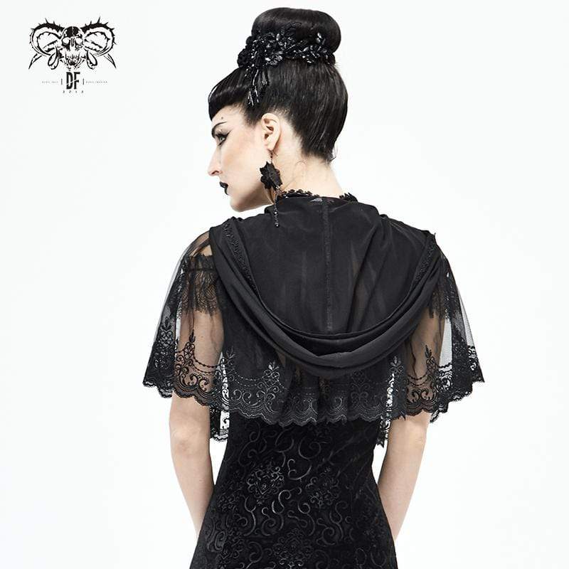 Women's Gothic Floral Lace Sheer Black Cloaks with Hood