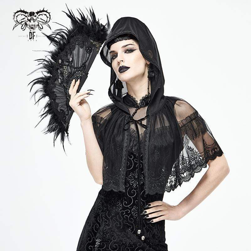 Women's Gothic Floral Lace Sheer Black Cloaks with Hood
