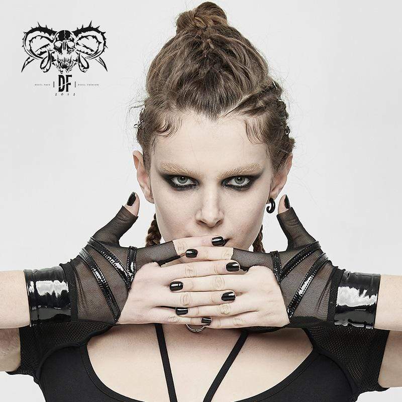 DEVIL FASHION Women's Gothic Full Mesh PU Irregular Gloves