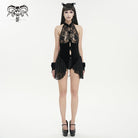 DEVIL FASHION Women's Gothic Halterneck Lace Splice Velvet Lingerie with Oversleeves