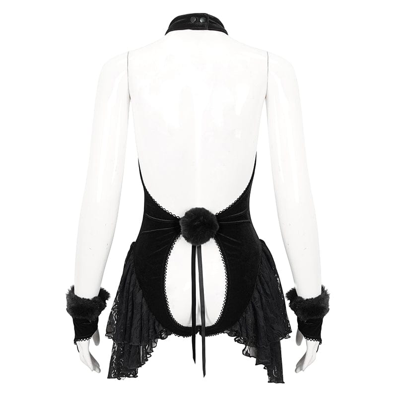 DEVIL FASHION Women's Gothic Halterneck Lace Splice Velvet Lingerie with Oversleeves