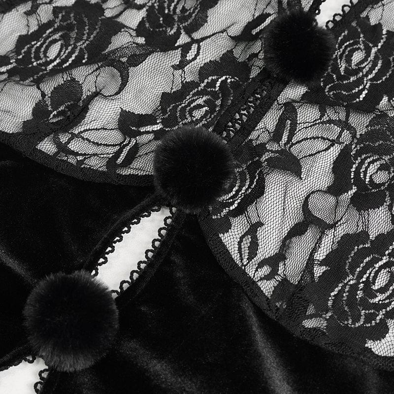 DEVIL FASHION Women's Gothic Halterneck Lace Splice Velvet Lingerie with Oversleeves