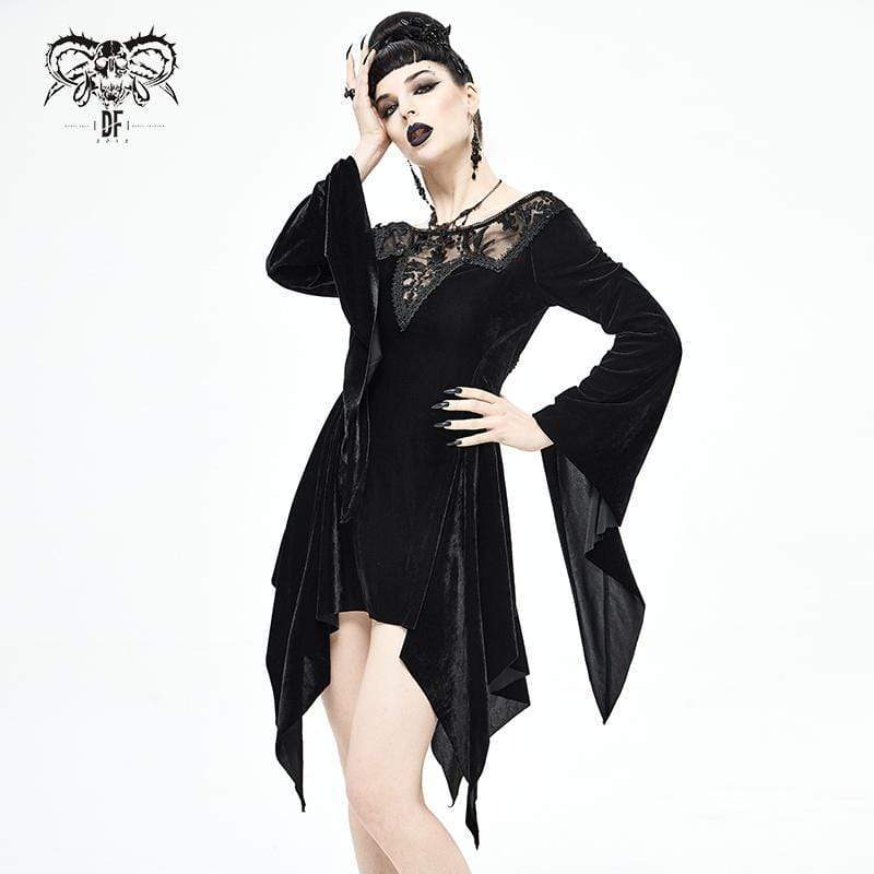 Women's Gothic Irregular Floral Embroidered Black Dress