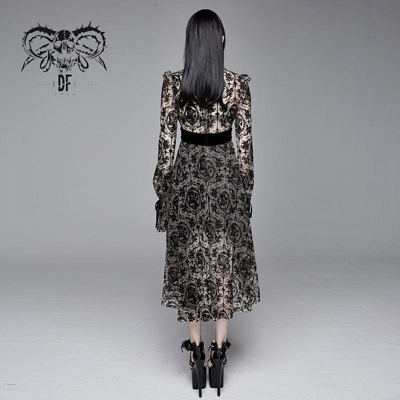 DEVIL FASHION Women's Gothic Irregular Floral Printed Mesh Dress with Neckwear