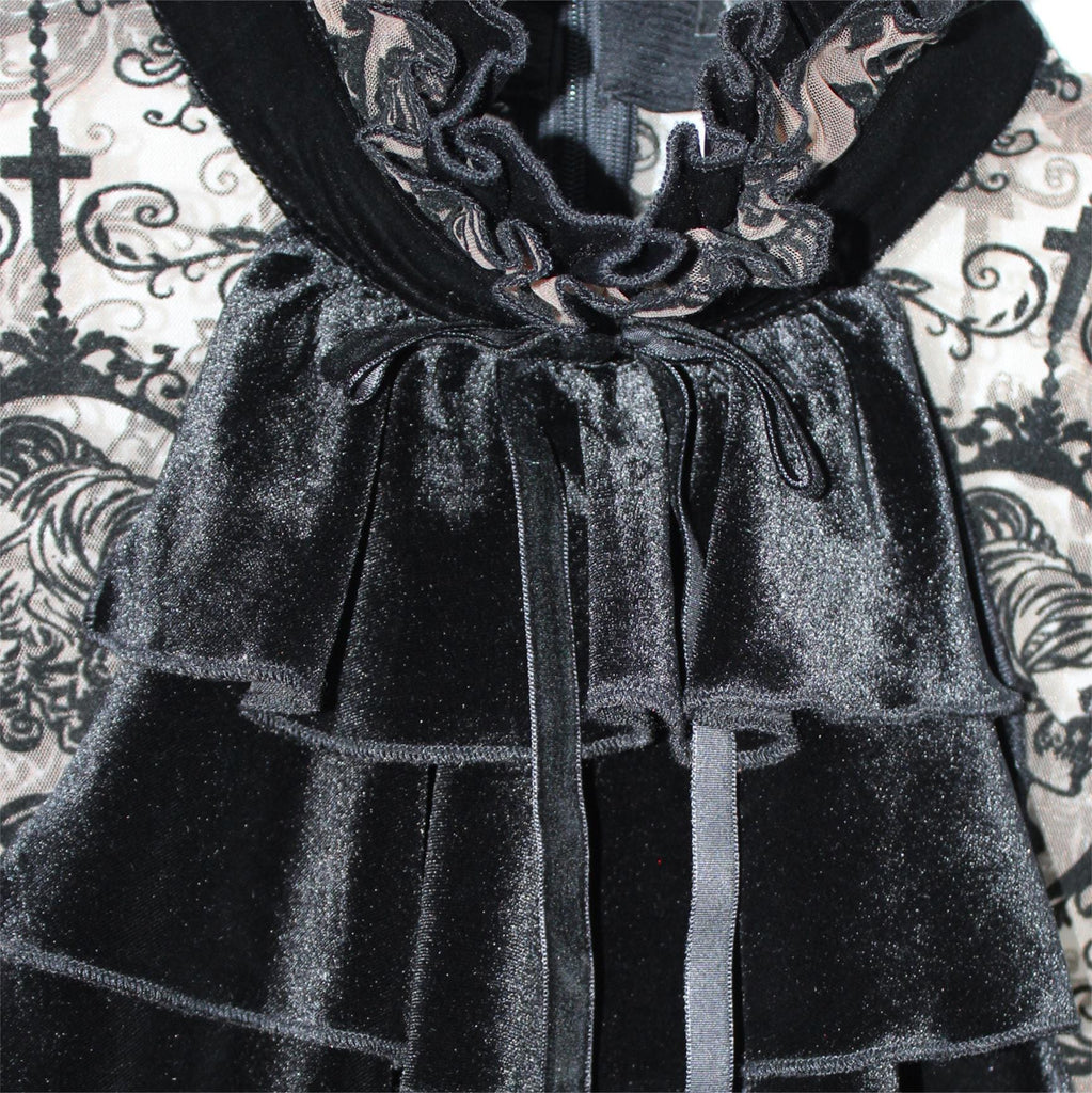 DEVIL FASHION Women's Gothic Irregular Floral Printed Mesh Dress with Neckwear