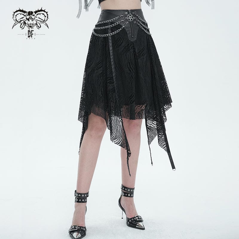 DEVIL FASHION Women's Gothic Irregular Mesh Skirt with Chain