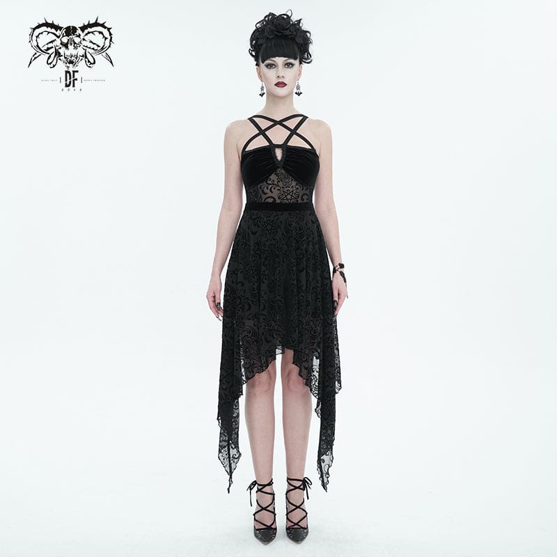 DEVIL FASHION Women's Gothic Irregular Mesh Splice Velvet Slip Dress
