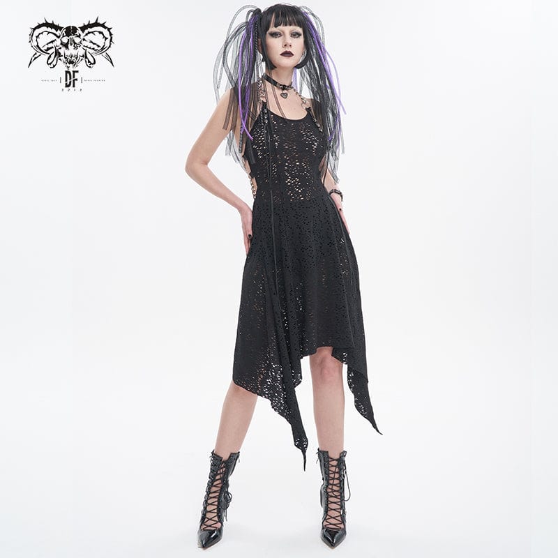 DEVIL FASHION Women's Gothic Irregular Ripped Chain Halterneck Dress