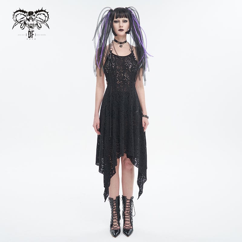 DEVIL FASHION Women's Gothic Irregular Ripped Chain Halterneck Dress