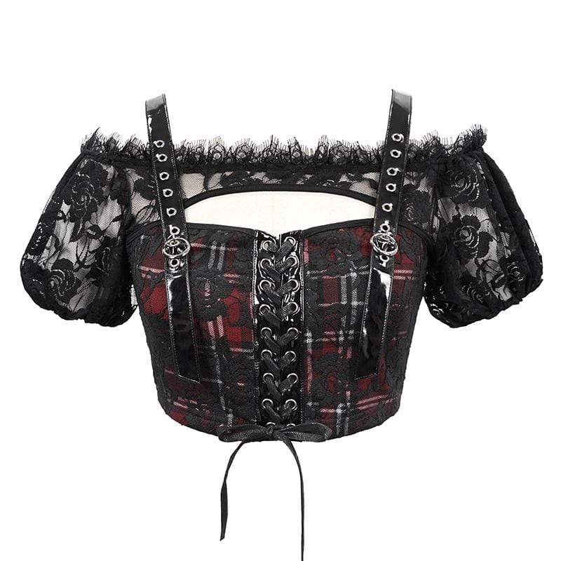 Women's Gothic Lace Overlay Scottish Check Short Puffed Sleeve Tops
