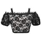 Women's Gothic Lace Overlay Scottish Check Short Puffed Sleeve Tops