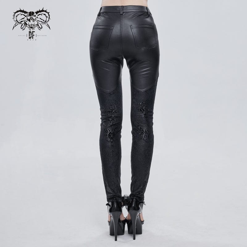 DEVIL FASHION Women's Gothic Lace Splice Faux Leather Leggings