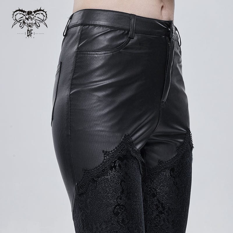 DEVIL FASHION Women's Gothic Lace Splice Faux Leather Leggings