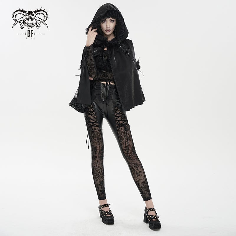 DEVIL FASHION Women's Gothic Lace Splice Faux Leather Leggings