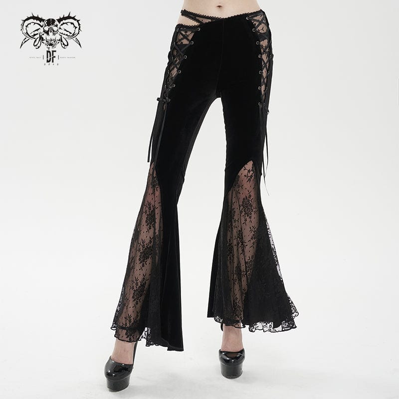 DEVIL FASHION Women's Gothic Lace Splice Velvet Flared Pants
