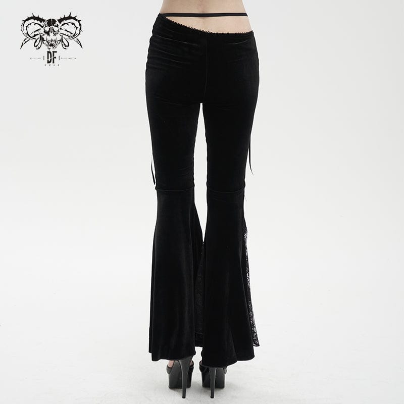 DEVIL FASHION Women's Gothic Lace Splice Velvet Flared Pants
