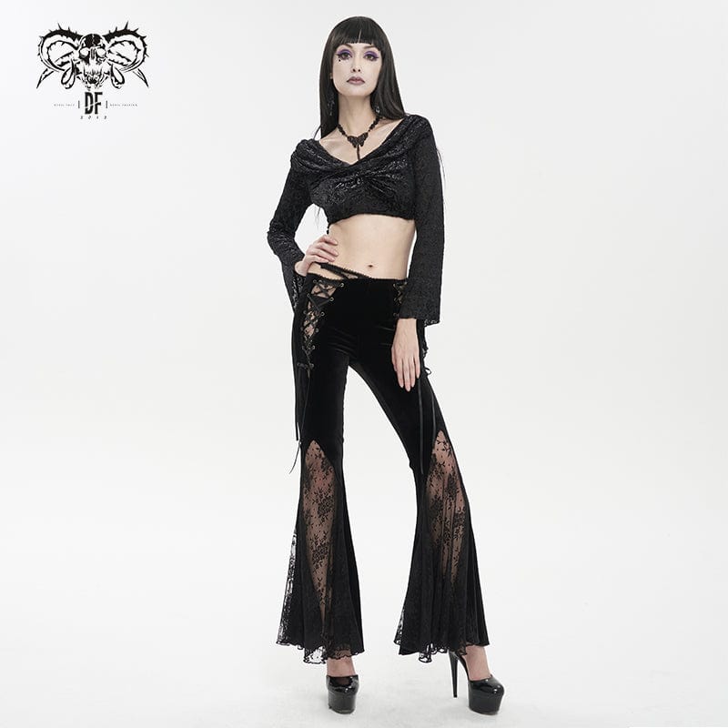 DEVIL FASHION Women's Gothic Lace Splice Velvet Flared Pants