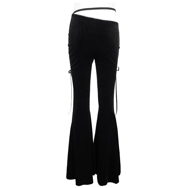 DEVIL FASHION Women's Gothic Lace Splice Velvet Flared Pants