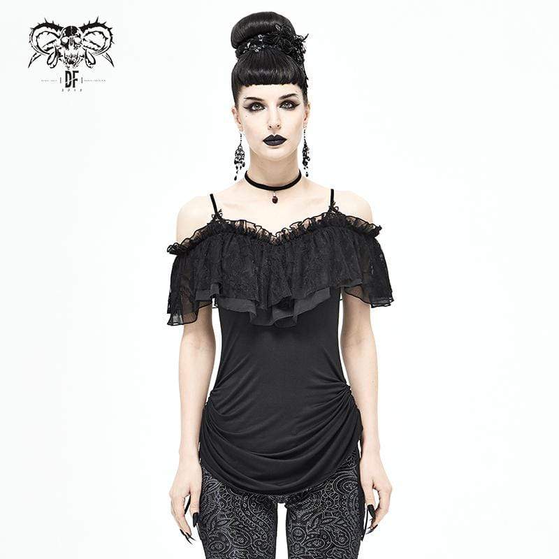 Women's Gothic Layered Drawstring Black Slip Dress