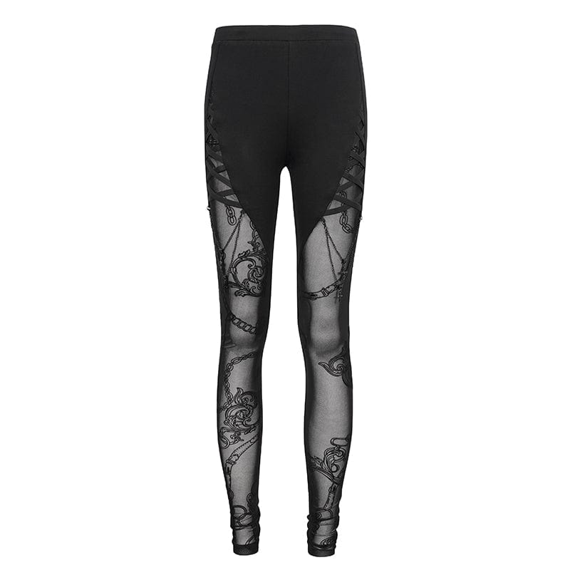 DEVIL FASHION Women's Gothic Mesh Splice Chain Leggings